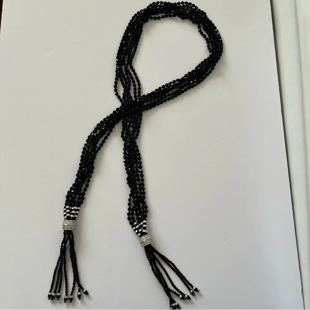 Amazing Vintage Black Beaded Multi Strap Long Tassel Necklace Art Deco Flapper